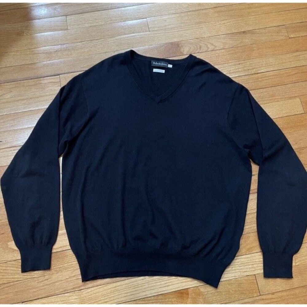 Bullock Jones Mens V-Neck Sweater Size XL Cotton Cashmere Blend Black Preppy EUC